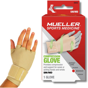 MUELLER Sports Medicine Compression Glove for Men and Women, Hand & Wrist Pain Relief Support, Ideal for Carpal Tunnel, Arthritis, Fits Right or Left, Beige