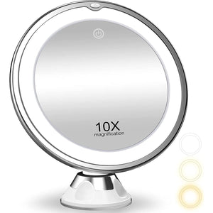 10X Magnifying Makeup Mirror with Lights, 3 Color Lighting, Bathroom Shower Mirror with Suction Cup, Intelligent Switch, 360 Degree Rotation, Portable for Detailed Makeup, Close Skincare