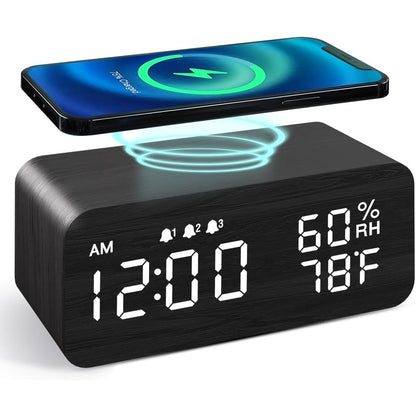 JALL Wooden Digital Alarm Clock with Wireless Charging, Dimmable, Adjustable Volume, 3 Alarms, Weekday/Weekend Mode, Snooze, Digital Clock for Bedroom, Bedside, Office (Black)