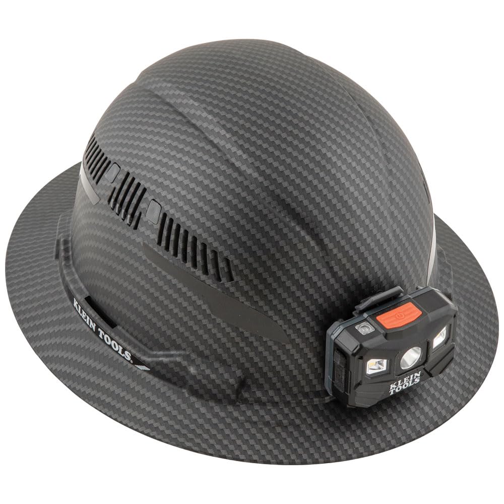 Buy now Klein Tools 60347 Hard Hat, Vented Full Brim, Class C, Premium KARBN Pattern, Rechargeable Lamp, Padded Sweat-Wicking Sweatband, Top Pad at indiglob india
