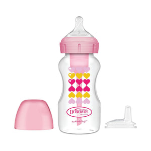 Dr. Brown's Anti-Colic Options+ Wide-Neck Sippy Bottle Starter Kit, 9oz/270mL, with Level 3 Medium-Fast Flow Nipple and Soft 100% Silicone Sippy Spout, Pink, BPA Free, 6m+