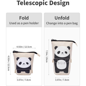 Sooez Standing Pencil Case, Cute Stand up Pencil Pouch, Telescopic Pen Pouch, Portable Pencil Holder, Kawaii Stand up Pencil Case, Spacious Pencil Pouch Bag for School Office Supplies, Beige Panda