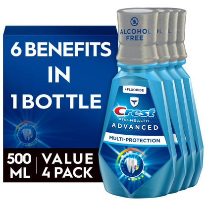 Buy now Crest Pro-Health Advanced Multi-Protection Mouthwash, Alcohol Free Mouthwash, Fresh Mint, 500 mL (16.9 Fl Oz), Pack of 4, Crest Mouthwash, Flouride Mouthwash at indiglob india