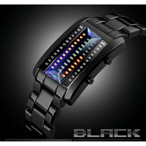 Men's Creative Binary Matrix Blue LED Digital Waterproof Watch Stainless Steel Military Silver Watches