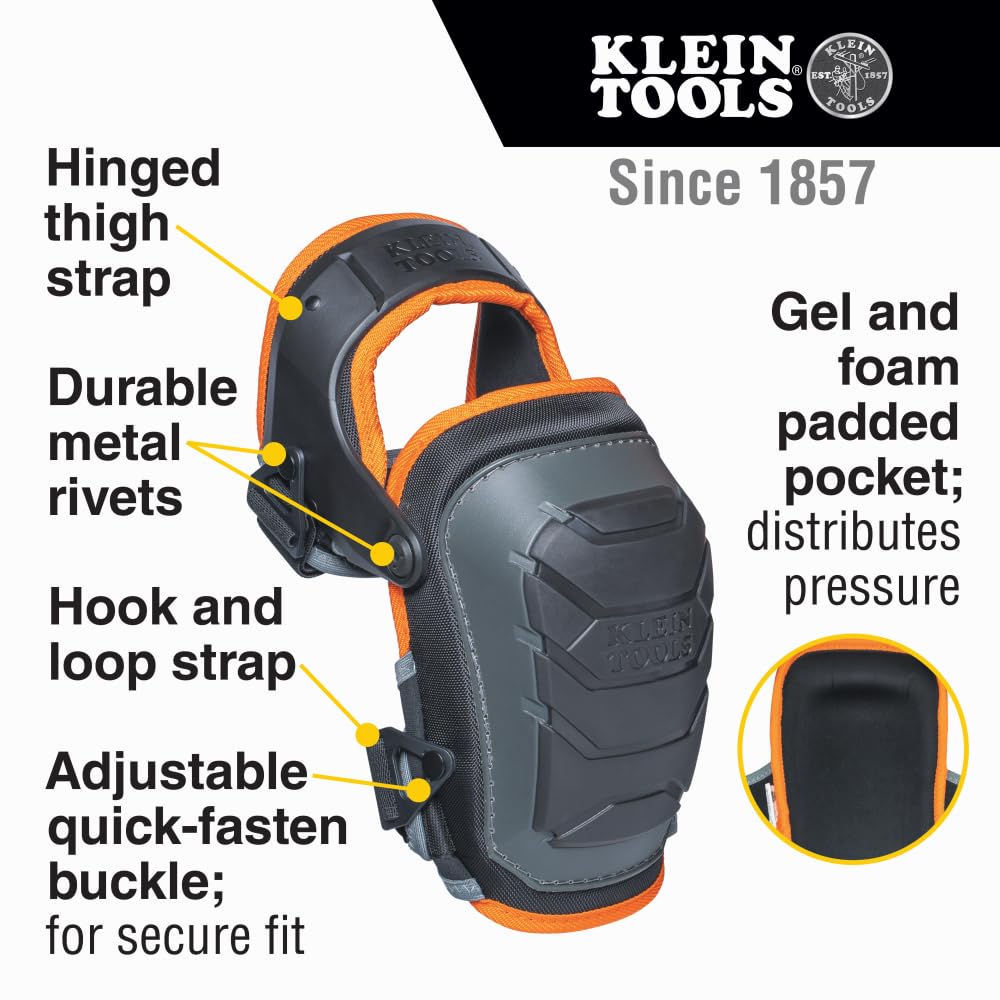 Buy now Klein Tools 60491 Hinged Knee Pads, Heavy Duty Gel Foam Protective Knee Pads with Quick-Fasten Buckle and Thigh Strap, Black at indiglob india