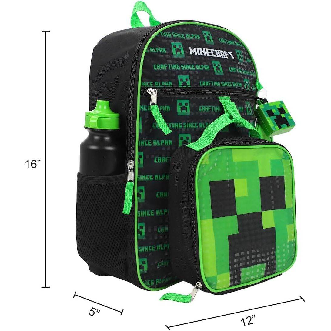 BIOWORLD Boys' Minecraft Creeper Youth 5 Piece Backpack Set, Green, One Size - My Store