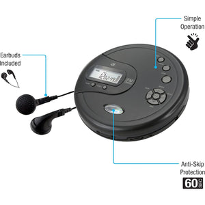 GPX PC332B Portable CD Player with Anti-Skip Protection, FM Radio and Stereo Earbuds - Black