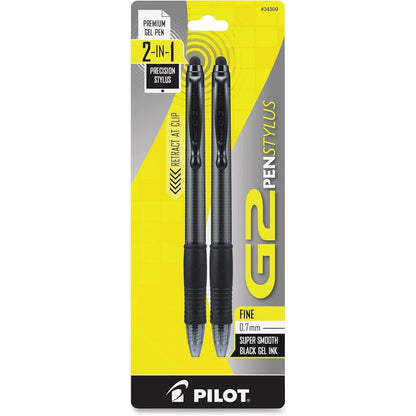 Pilot, G2 Pen Stylus, Fine Point 0.7 mm, Pack of 2, Black Ink, Gray Barrel