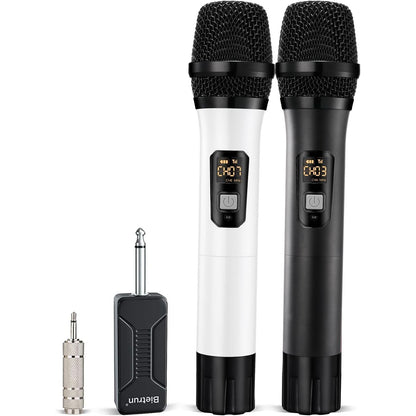 Bietrun Wireless Microphone, Professional UHF Metal Dual Handheld Cordless Dynamic Mic System Set with Rechargeable Receiver, 1/4‘’Output, Plug and Play, Instrument-Wireless-Mics for Karaoke, Wedding