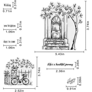 Door Bike Tree Scenery Clear Stamps for Card Making and Photo Album Decorations, Blessing Words Transparent Rubber Stamps Seal for DIY Scrapbooking