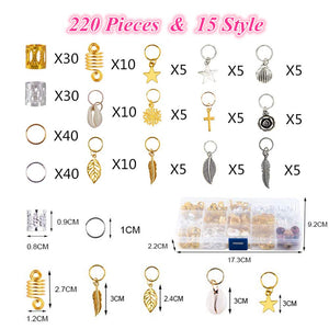 220-Piece Braiding Hair Rings - 15 Styles, Jewelry for Braids, Clips, Pendants, Headbands & Accessories