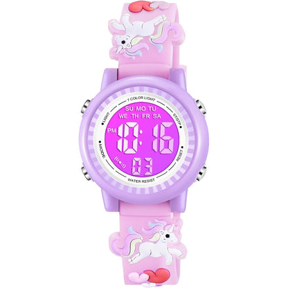 Venhoo Kids Watches 3D Cartoon Waterproof 7 Color Lights Toddler Wrist Digital Watch with Alarm Stopwatch for 3-10 Year Girls Little Child