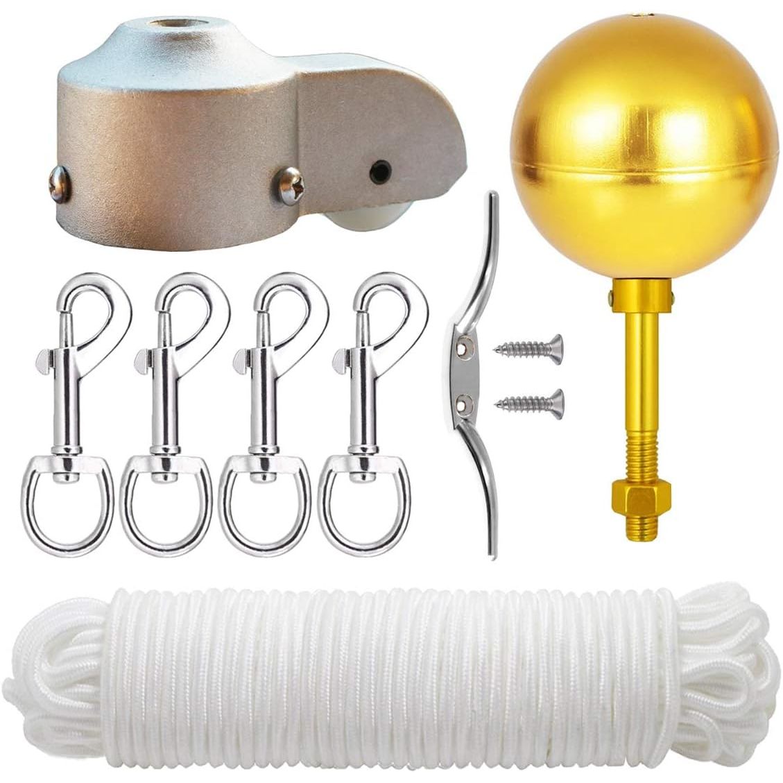 EKEV Flag Pole Hardware Parts Repair Kits - 3" Topper Gold Ball + 50 Ft Halyard Rope + 6" Cleat Hook + 4 Flag Swivel Snap Hooks + Flagpole Pulley Truck for 2" OD Tube