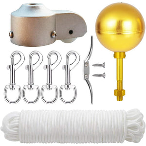 EKEV Flag Pole Hardware Parts Repair Kits - 3" Topper Gold Ball + 50 Ft Halyard Rope + 6" Cleat Hook + 4 Flag Swivel Snap Hooks + Flagpole Pulley Truck for 2" OD Tube