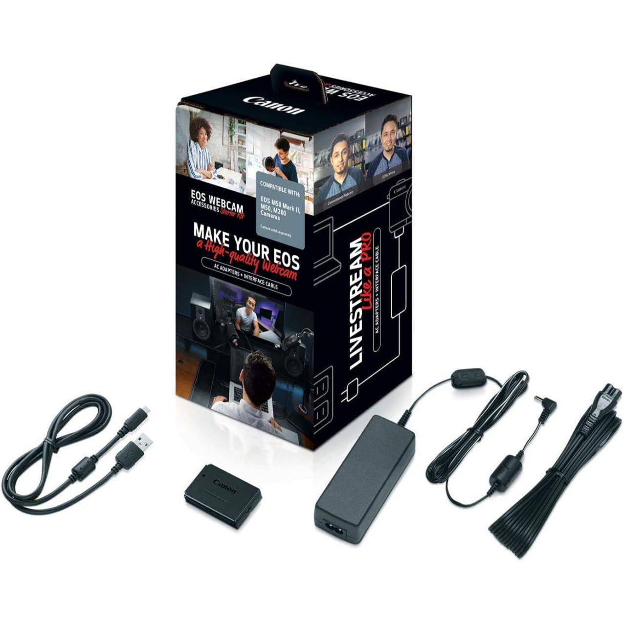 Canon EOS Webcam Accessory Starter Kit, for Select EOS M Series Cameras, Power Adapter CA-PS700, DC Coupler DR-E12, USB Cable IFC-600PCU, High-Performance Live Streaming, Teaching & Content Creators