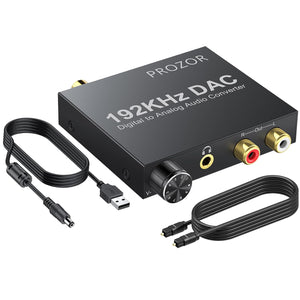 PROZOR 192KHz Digital to Analog Audio Converter Optical to RCA Adapter Upgrade Volume Adjustable DAC with Optical Cable, SPDIF TOSLINK to Stereo L/R & 3.5mm Jack Converters
