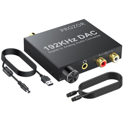 PROZOR 192KHz Digital to Analog Audio Converter Optical to RCA Adapter Upgrade Volume Adjustable DAC with Optical Cable, SPDIF TOSLINK to Stereo L/R & 3.5mm Jack Converters