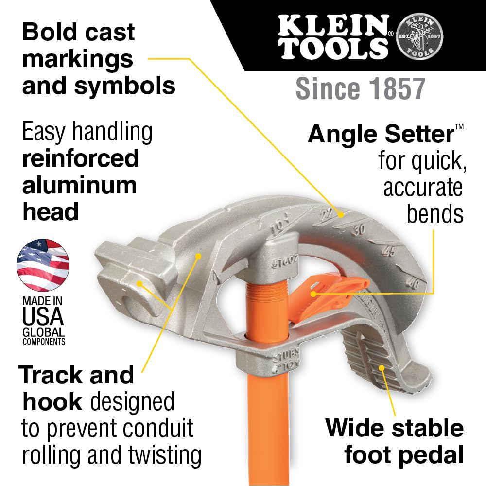 Buy now Klein Tools 51607 Aluminum Conduit Bender Full Assembly, 3/4-Inch EMT, 1/2-Inch Rigid, Wide Foot Pedal, Benchmark Symbols and Angle Setter at indiglob india