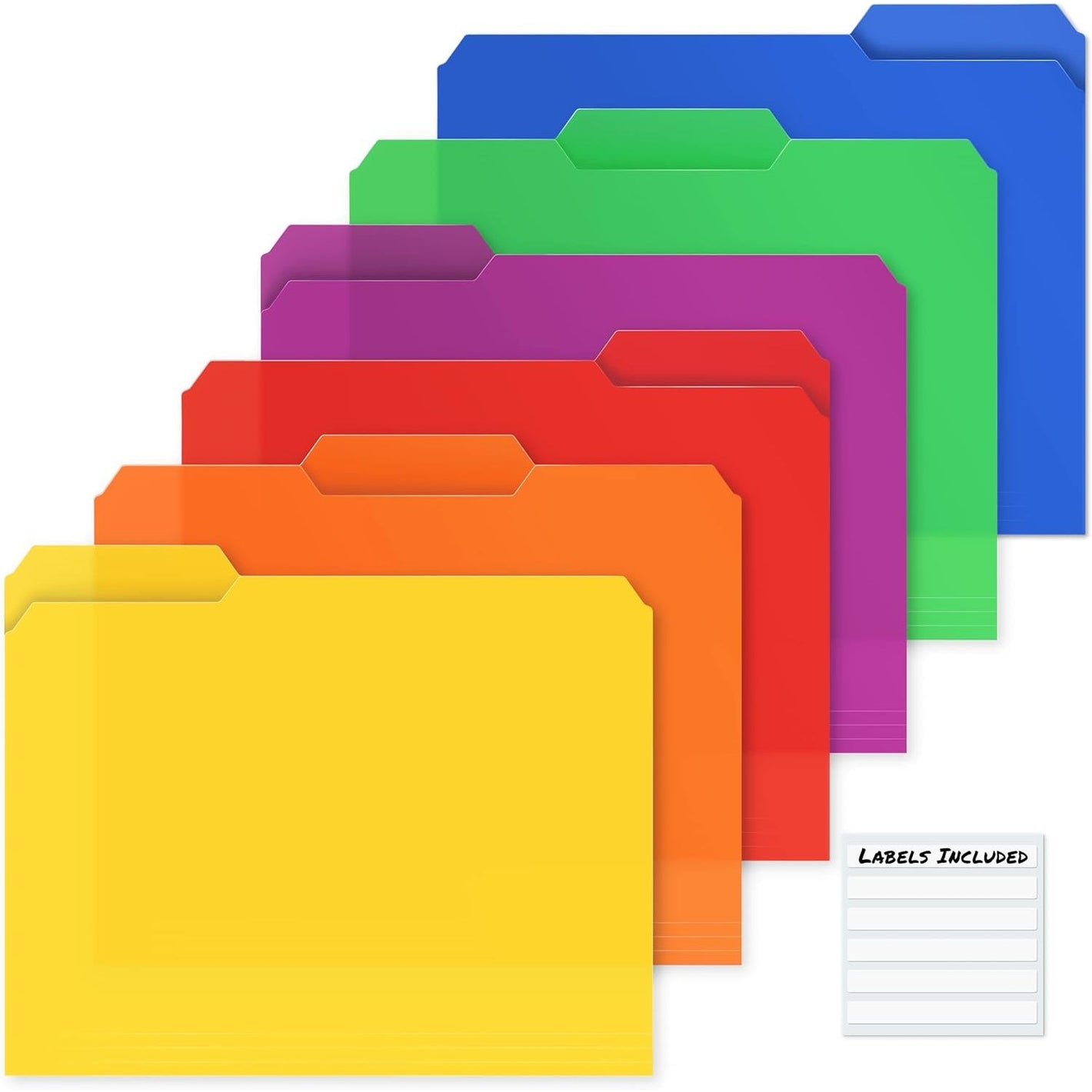 Dunwell Plastic Colored File Folders (6 Pack), 1/3 Tab Filing Folders for 8.5x11 Letter Size Documents, Assorted Colors, Acid-Free Poly, Includes Labels