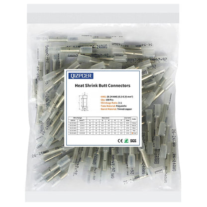Heat Shrink Butt Connectors, 26-24 AWG 100 Pcs Clear Marine Grade Insulated Crimp Wire Connectors, Waterproof Electrical Connectors Butt Splice for Boat Truck Wiring