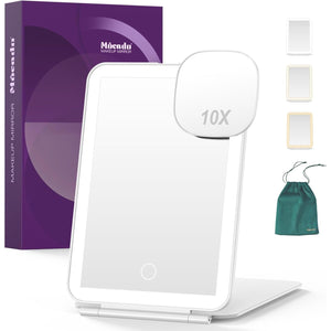 LED Foldable Travel Makeup Mirror - 5x7 inches 3 Colors Light Modes USB Rechargeable Touch Screen, Portable Tabletop Cosmetic Mirror for Travel, Cosmetic, Office (White)