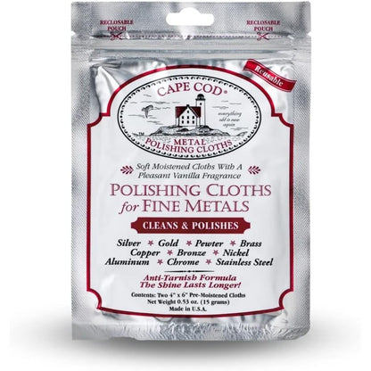 Cape Cod Polishing Cloths for Fine Metals | Jewelry Cleaner and Tarnish Remover | Silver Polishing to a Brilliant Shine | Foil Pack of (2) 4x6 Cloths