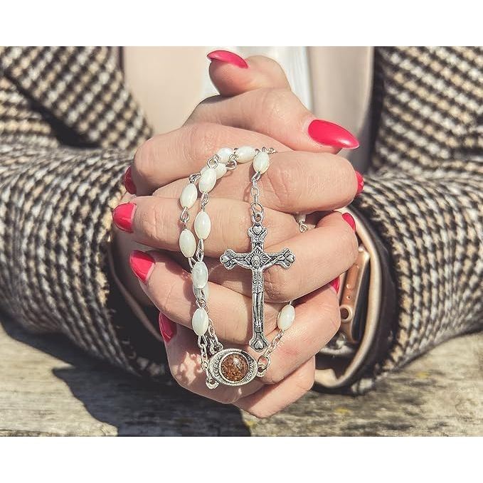 Buy now Nazareth Store Natural Pearl Rosary Beads Catholic Necklace Jerusalem Holy Soil Meda and Silverl Cross at indiglob india