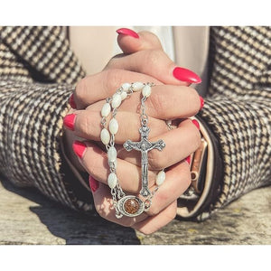 Buy now Nazareth Store Natural Pearl Rosary Beads Catholic Necklace Jerusalem Holy Soil Meda and Silverl Cross at indiglob india