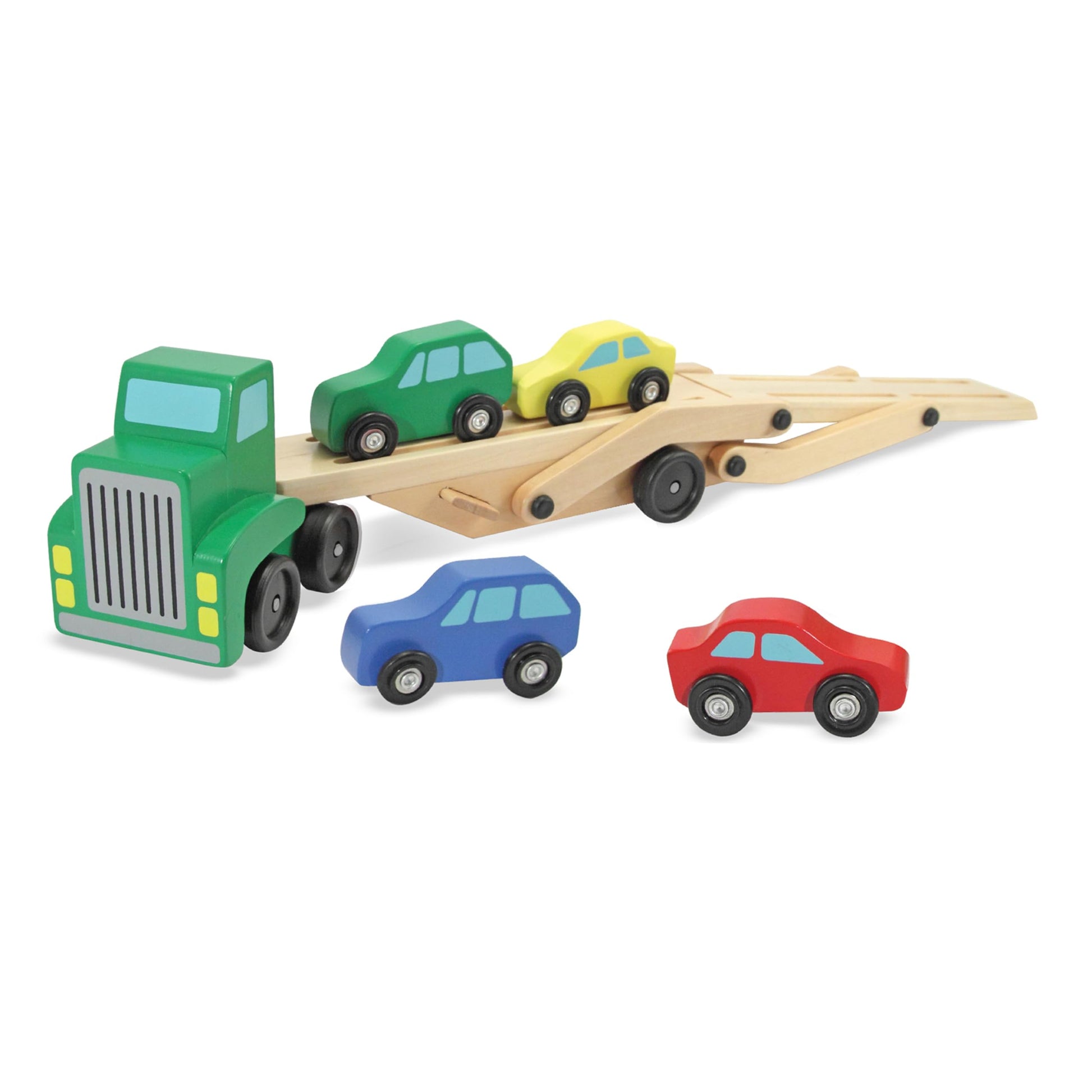 Buy now Melissa & Doug Car Carrier Truck and Cars Wooden Toy Set with 1 Truck and 4 Cars 5.75" x 12" x 3" at indiglob india