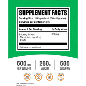 BulkSupplements.com Bilberry Extract Powder - Bilberry Extract Supplement, Herbal Supplement - Vegan & Glulten Free, 500mg per Serving, 250g (8.8 oz) (Pack of 1)