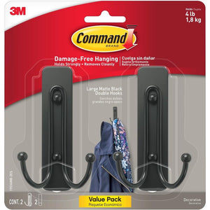 Command Large Matte Black Double Hooks, 2 Hooks and 2 Command Strips, Damage Free Hanging Wall Hooks with Adhesive Strips, No Tools Coat Hooks for Hanging Home Decor, Holds up to 4 lb