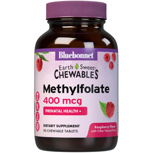 Bluebonnet EarthSweet Methylfolate 400 mcg Cellular Active Coenzyme 5-MTHF L Methyl Folate Supplement - Prenatal & Energy Support* - Non-GMO, Vegan, Gluten-Free - Raspberry - 90 Chewable Tablets