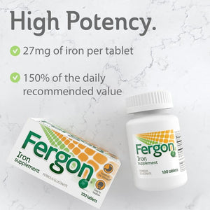 Fergon High Potency Iron Highly Soluble & Easily Digested, 27 mg Iron, 100 Tablets