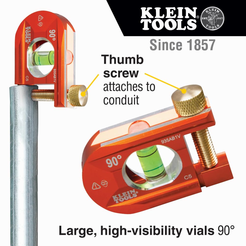 Buy now Klein Tools 935AB1V 2.5-Inch No-Dog Conduit Bending Level, 1 Vial, ACCU-BEND Level Eliminates Dog-Legs in Offsets and Saddle Bends at indiglob india
