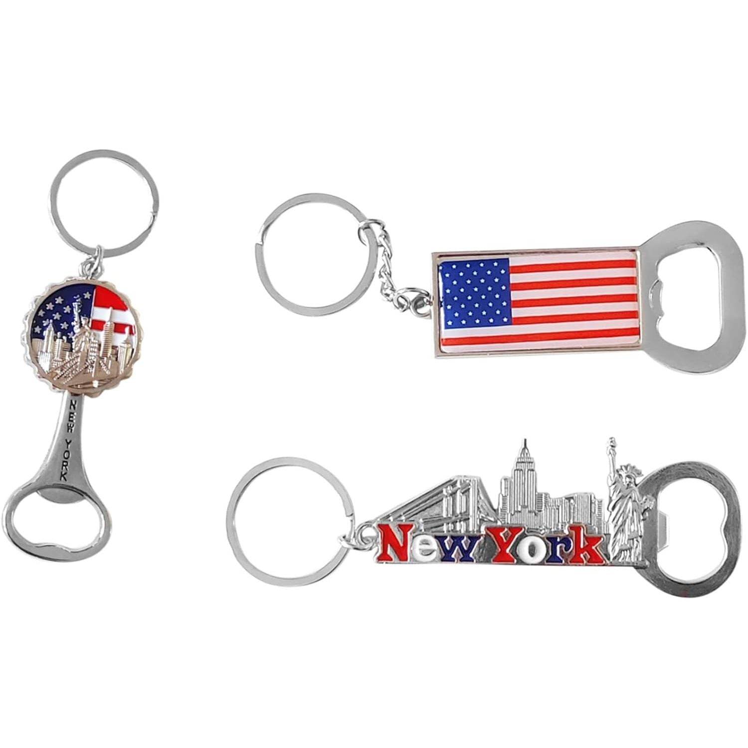 12-Pack New York City Souvenir Keychains – 3D Silver Metal NYC Landmark Set with Statue of Liberty, Empire State Building, Freedom Tower, Taxi Cab, USA Flag & Bottle Openers - My Store