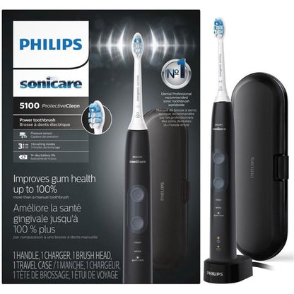Philips Sonicare ProtectiveClean 5100 Rechargeable Electric Toothbrush, with Pressure Sensor, 3 Cleaning Modes, SmarTimer and QuadPacer, 14-Day Battery Life, Travel Case, White, Model HX6857/11