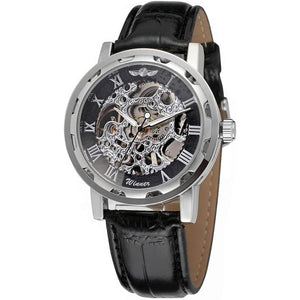 Men's Fashion Mechanical Wristwatch Transparent Dial with Skeleton Design Leather Band Automatic Manual-Winding Watch