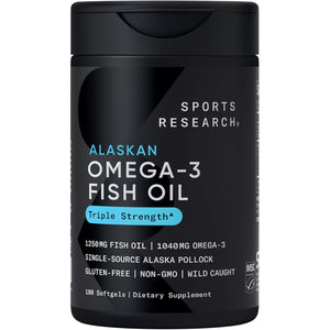 Sports Research Triple Strength Omega 3 Fish Oil - Burpless Fish Oil Supplement w/EPA & DHA Fatty Acids from Single-Source Wild Alaskan Pollock - 1250 mg, 180 ct