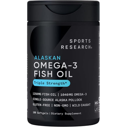 Sports Research Triple Strength Omega 3 Fish Oil - Burpless Fish Oil Supplement w/EPA & DHA Fatty Acids from Single-Source Wild Alaskan Pollock - 1250 mg, 180 ct