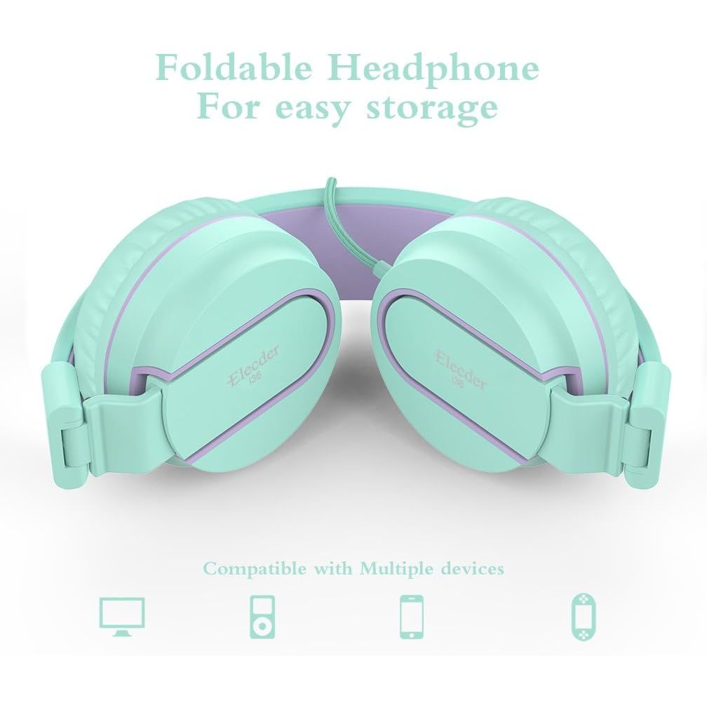 Buy now ELECDER i36 Kids Headphones Children Girls Boys Teens Foldable Adjustable On Ear Headphones 3.5mm Jack Compatible Cellphones Computer Kindle MP3/4 School Tablet Green/Purple at indiglob india