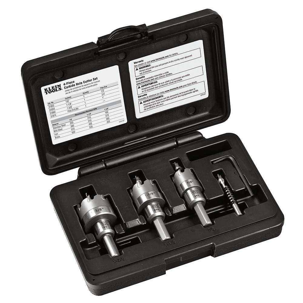 Buy now Klein Tools 31872 Heavy Duty Hole Saw Kit, Includes Carbide Hole Cutters and Pilot Bit in Rust-Proof Molded Plastic Case, 4-Piece at indiglob india