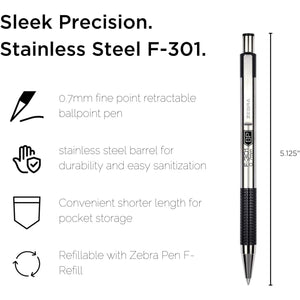 Zebra Pen F-301 Ballpoint Fine Point 0.7mm Stainless Steel Retractable Ballpoint 2-Pack – Easy-Glide Ink, Non-Slip Grip, Metal Clip, Refillable with F-Refill, Professional Design (27112)