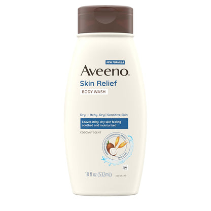 Aveeno Skin Relief Body Wash with a Gentle Coconut Scent & Triple Oat Formula, Daily Cleanser for Sensitive Skin Leaves Itchy, Dry Skin Feeling Soothed & Moisturized, Soap-Free, 18 fl. oz