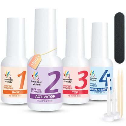 Lavender Violets Dip Powder Liquid Set with Activator, Base Top Coat and Brush Saver 0.5oz/Bot Nail File Necessary Tools for Dipping Powder Acrylic Manicure Pedicure J775
