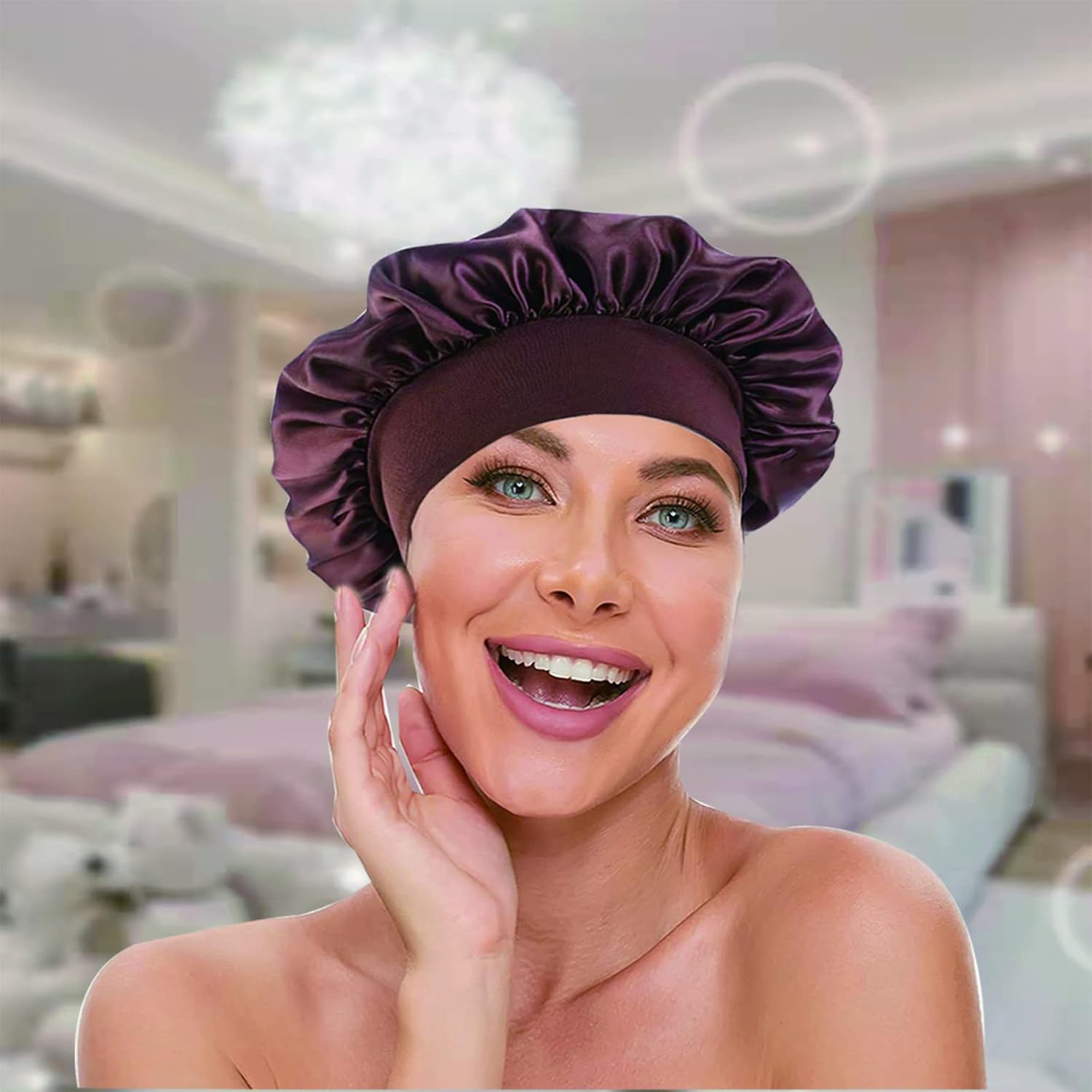 Buy now Hair Bonnets for Curly Hair and Sleeping for Women, Satin Sleep Cap, Silk Bonnet with Elastic Soft Band Big Bonnet (4 Pcs). at indiglob india