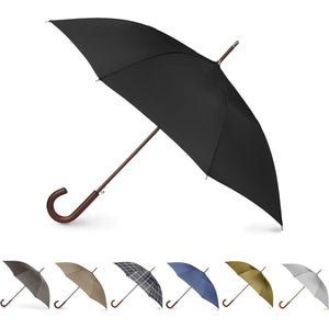 Totes Eco Auto Open Umbrella Classic Wooden J Stick Handle with Easy Grip - Windproof, Rainproof and Durable Canopy Design – Versatile Travel, Perfect for Rainy Days