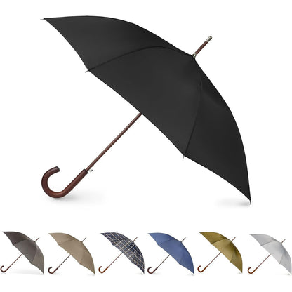 Totes Eco Auto Open Umbrella Classic Wooden J Stick Handle with Easy Grip - Windproof, Rainproof and Durable Canopy Design – Versatile Travel, Perfect for Rainy Days