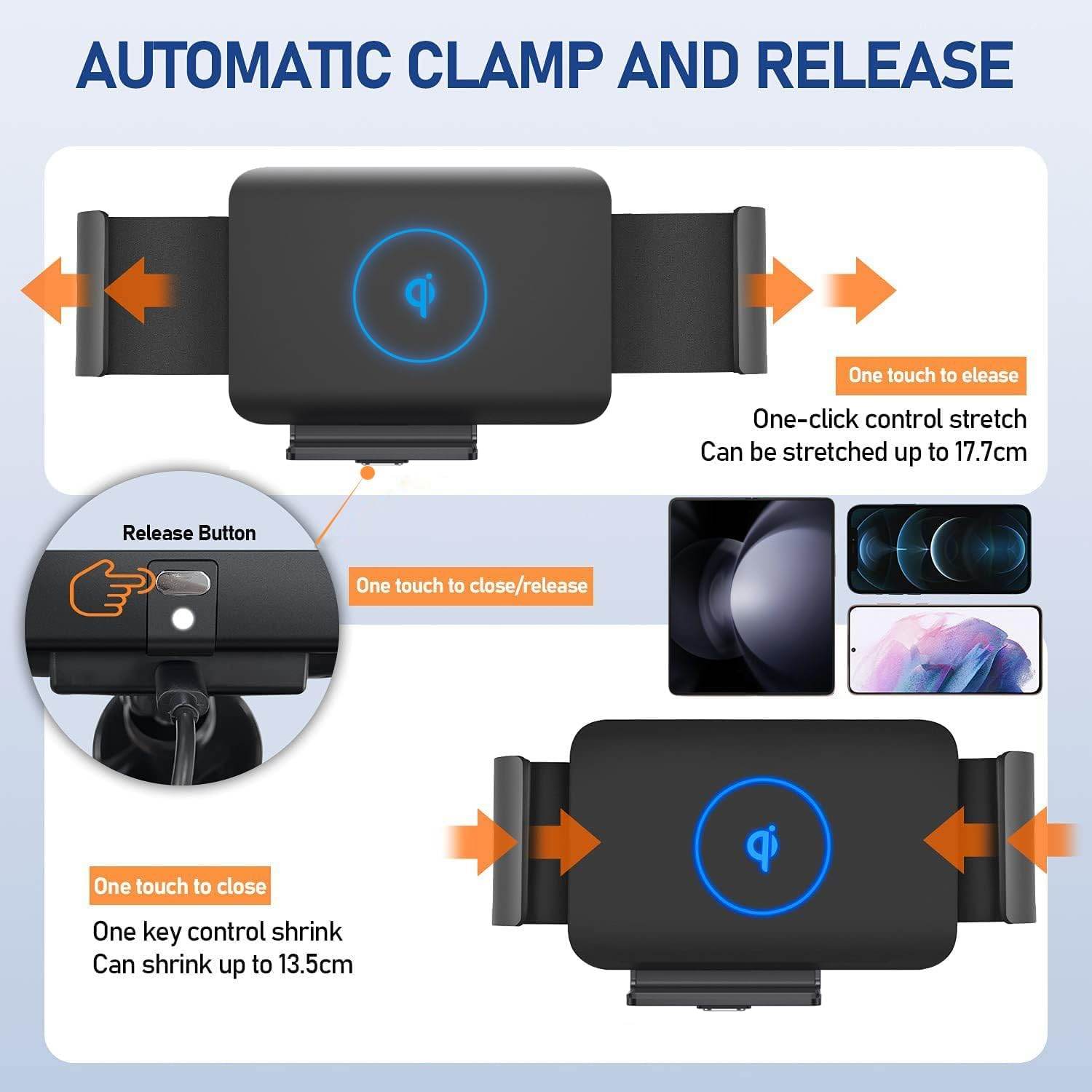15W Qi Wireless Car Charger Mount Holder Compatible for Samsung Galaxy Z Fold7 Fold6 Fold5 Fold4 Fold3 Fold2 Fold 4.3in-6.9in Phone Auto Clamp Fast Charger - My Store