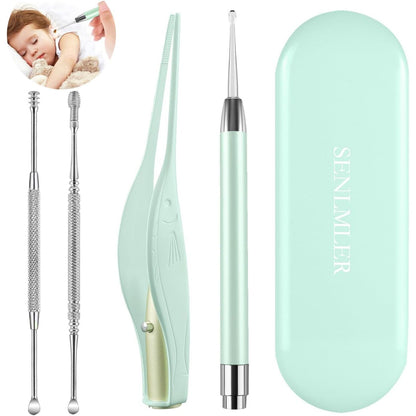 4 Pack Ear Pick with Light, Ear Cleaner Ear Wax Removal Tool Kit for Kids and Adults, Ear Picks Digger & Tweezers & Spiral Spring Ear Spoon Set with Storage Box (Rose Gold)