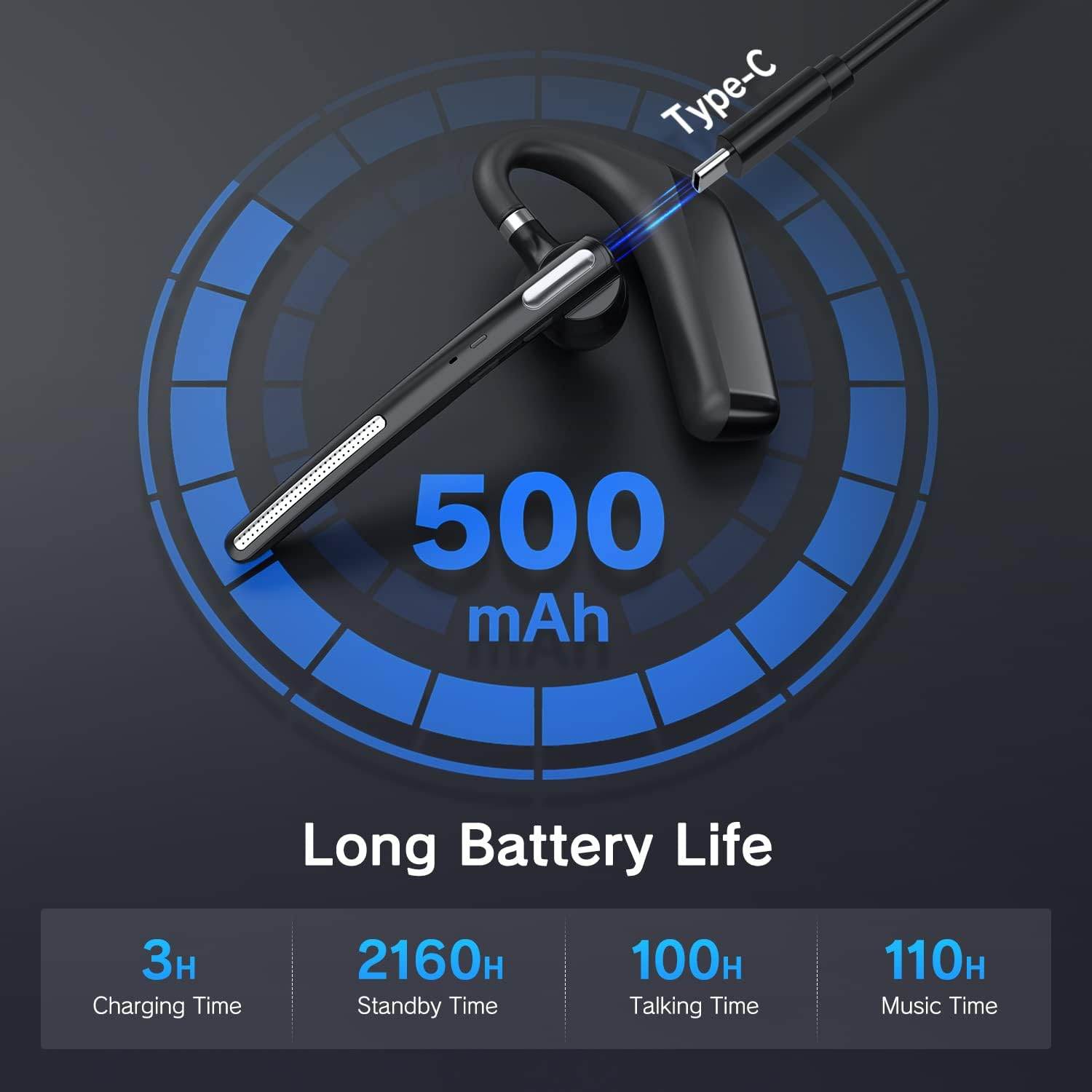 Bluetooth Headset - Wireless Headset with Microphone 90 Days Standby/110 Hours Talktime, Bluetooth Earpiece for Cell Phone/PC Tablet/Laptop Computer, Headphones for Trucker/Driver/Business - My Store